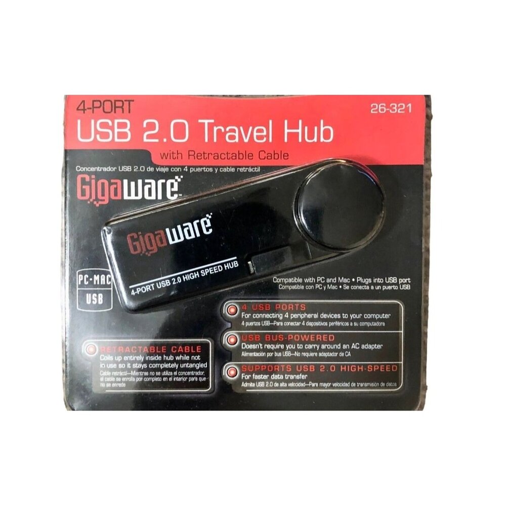 Gigaware 4-Port USB 2.0 Travel Hub with Retractable Cable Used